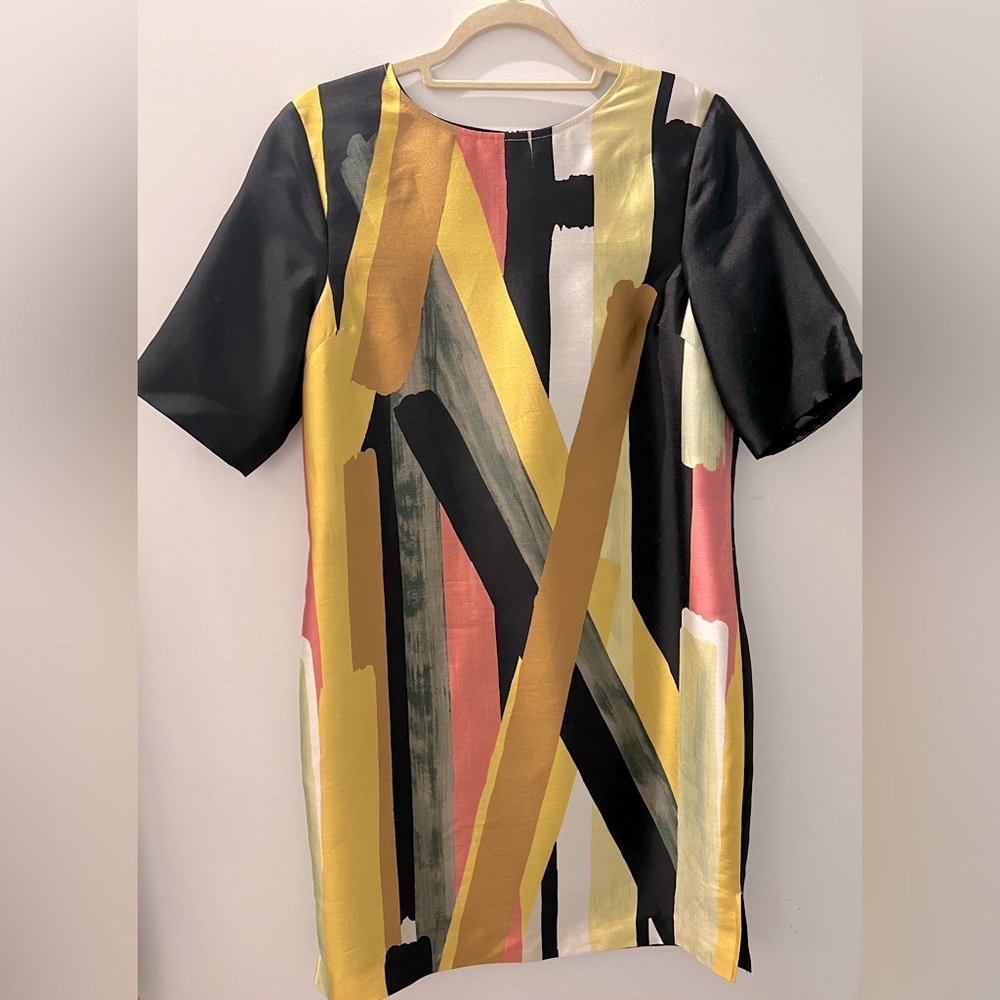 St. John Black Shift Dress with Yellow, Mustard and Coral Abstract Stripes - Picture 2 of 3